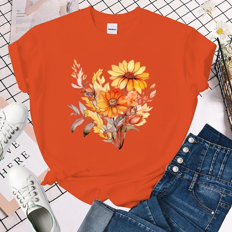 (Premium T-shirt)Funny Fall Flower Print T-Shirts For Women Summer Round Neck Tee Shirt Femme Fashion Casual T-Shirts