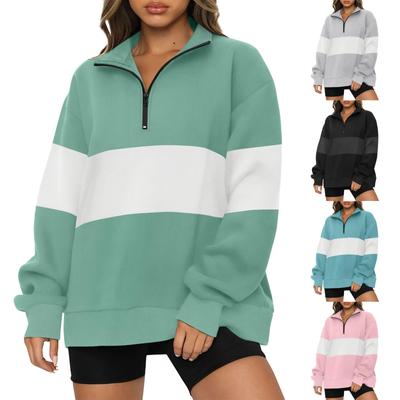 Sudadera informal holgada de manga larga con cremallera y retazos para mujer Sudadera holgada a rayas