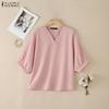 ZANZEA Women Casual V-Neck 3/4 Sleeve Loose Blouse