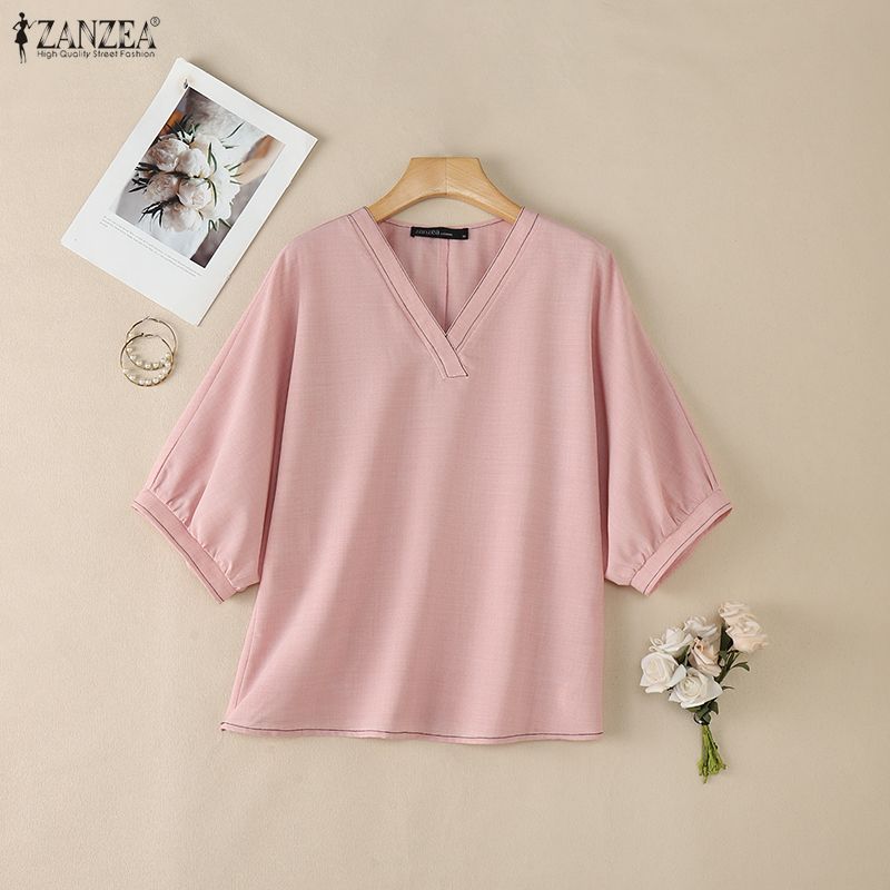 ZANZEA Women Casual V-Neck 3/4 Sleeve Loose Blouse