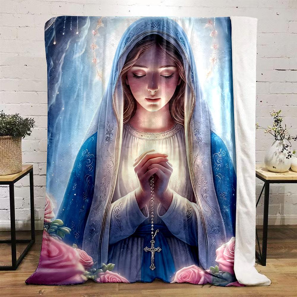 Holy Virgin Mary with Rosary Patterned Flannel Blanket Perfect for the Bedroom Living Room, Sofa, or a Little Nap