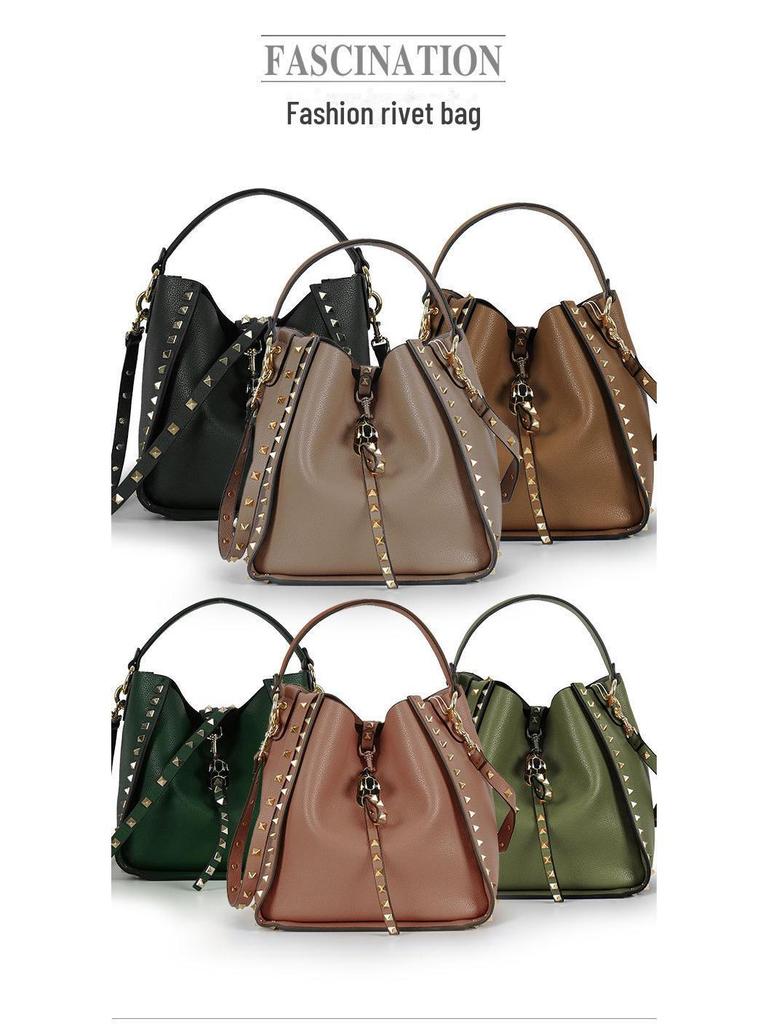 Echt Lederen Nieten Emmer Tas met Tijgerkop - Trendy Europese & Amerikaanse Crossbody Schouder Handtas