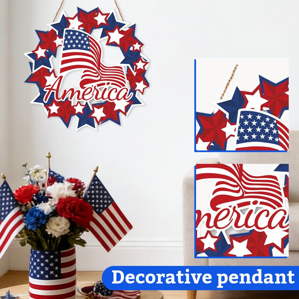 Wooden Patriotic Wreath Door Hanger Independence Day Decoration Wall Sign Plaque Home Hanging Ornament