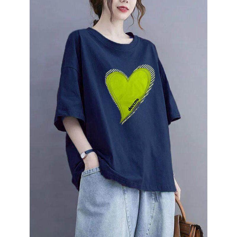 150kg Plus Size Korean Style Women's Short-Sleeve T-Shirt, Heart-Shaped Design, Loose Fit, Slimming Top, Cover-Up Shirt for Women