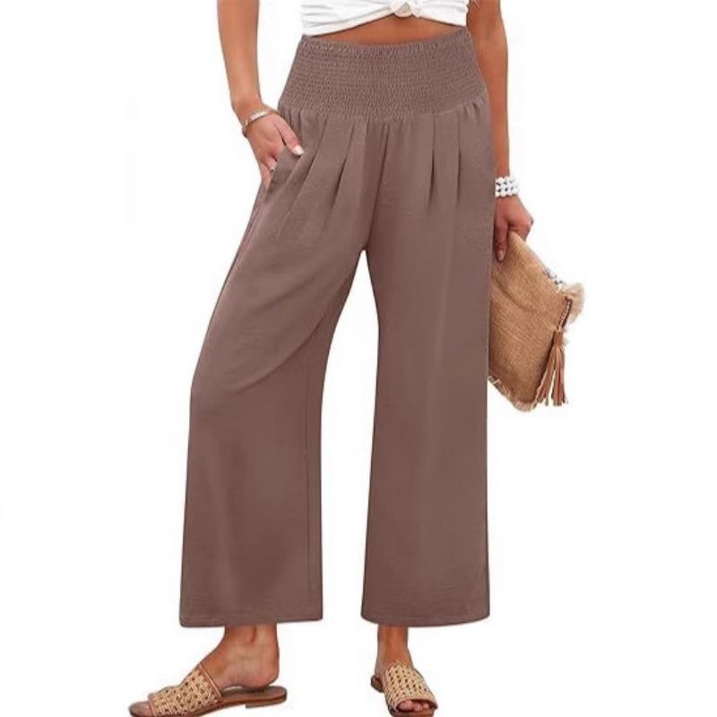 Women S High Waist Smocked Straight Leg Cropped Casual Pants Solid Color