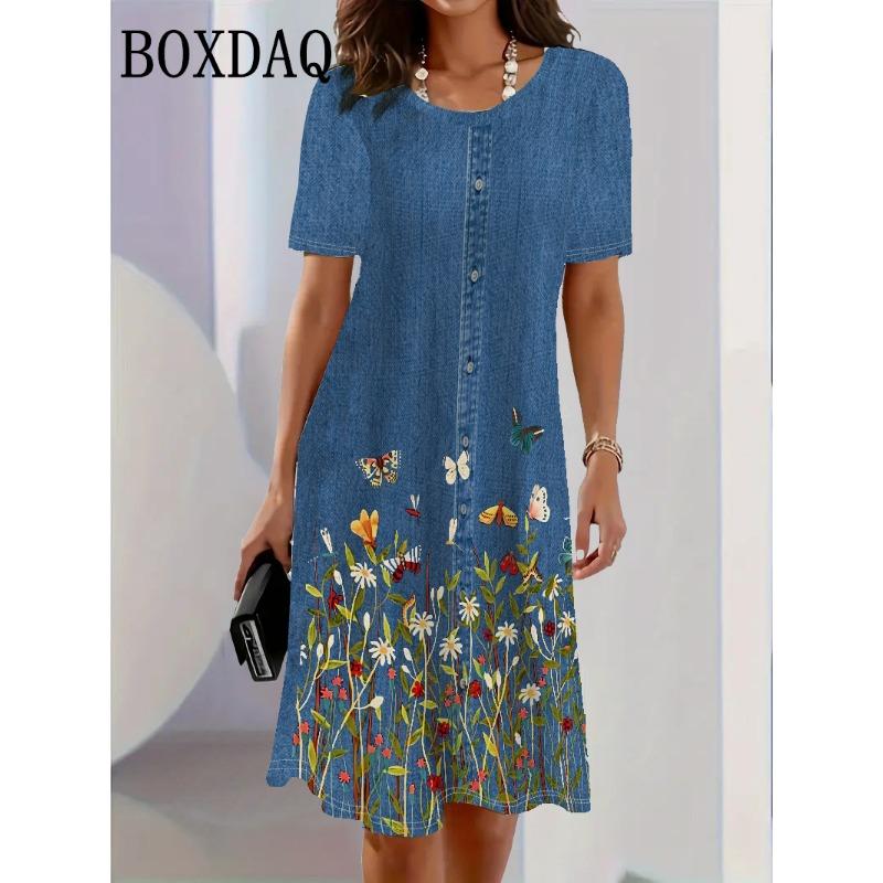 2025 Fashion Trend 3D Imitation Denim Pattern Women's Dress Summer Sreet Short Sleeve O-Neck Loose Casual Flowers Print Dresses