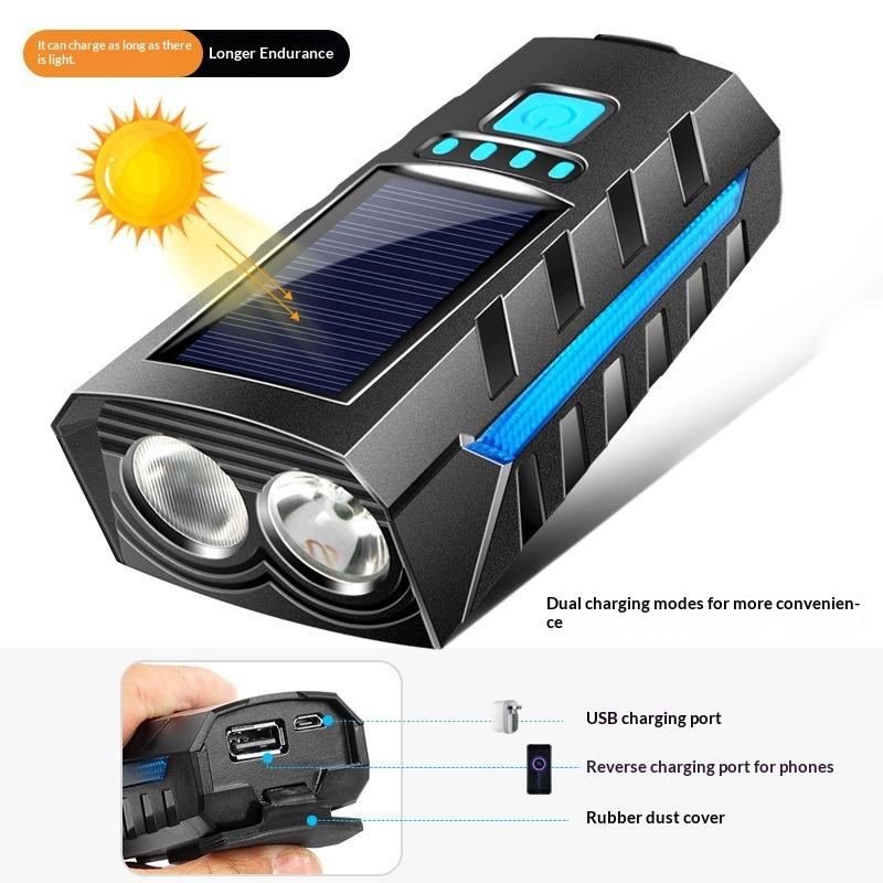 Solar Bicycle Light Bike Front Lamp With Horn Usb Rechargeable Power Display Waterproof Bike Flashlight Headlamp1Pc