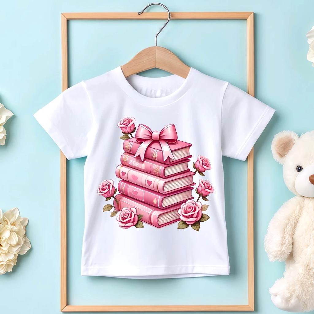 Books Rose Valentine's Day Print Children’s Base Clothe Girl Comfortable T-shirt Summer Outdoor O-neck Short Sleeve Tee Shirts