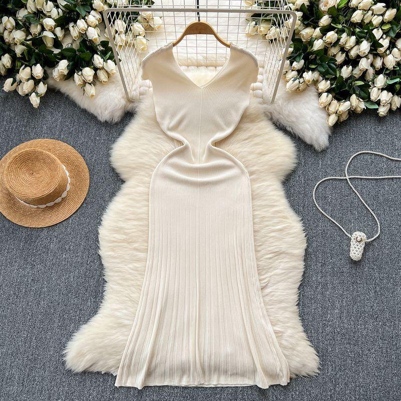 

Summer New Arrival Knitting Dress Women s French Retro Fancy Silm Slim Looking Elegant Show Figure Fishtail Dress Apricot All yards