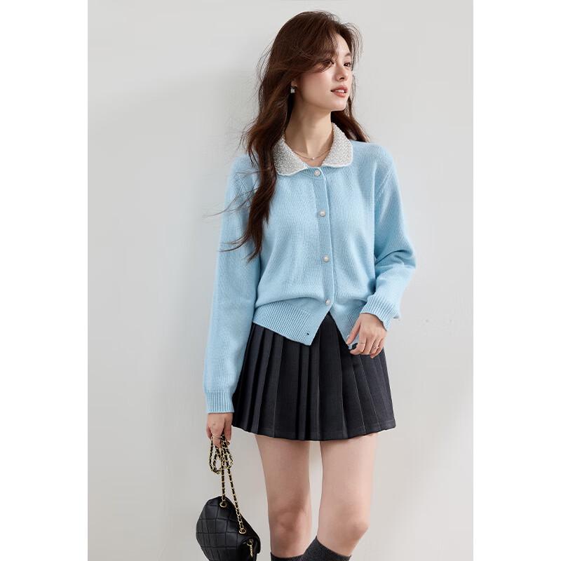 VICTORIA&VERA Women's Long-Sleeve Pearl Trim Doll Collar Wool Blend Cardigan