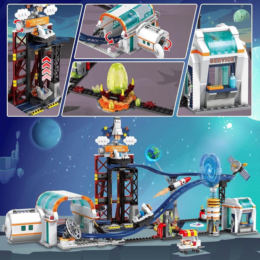 HOGOKIDS Brinquedo de Construção Montanha Russa Espacial - 888 Peças Conjunto de Construção Apresenta Plataforma Elevatória, Satélites, Foguete Montável Parque