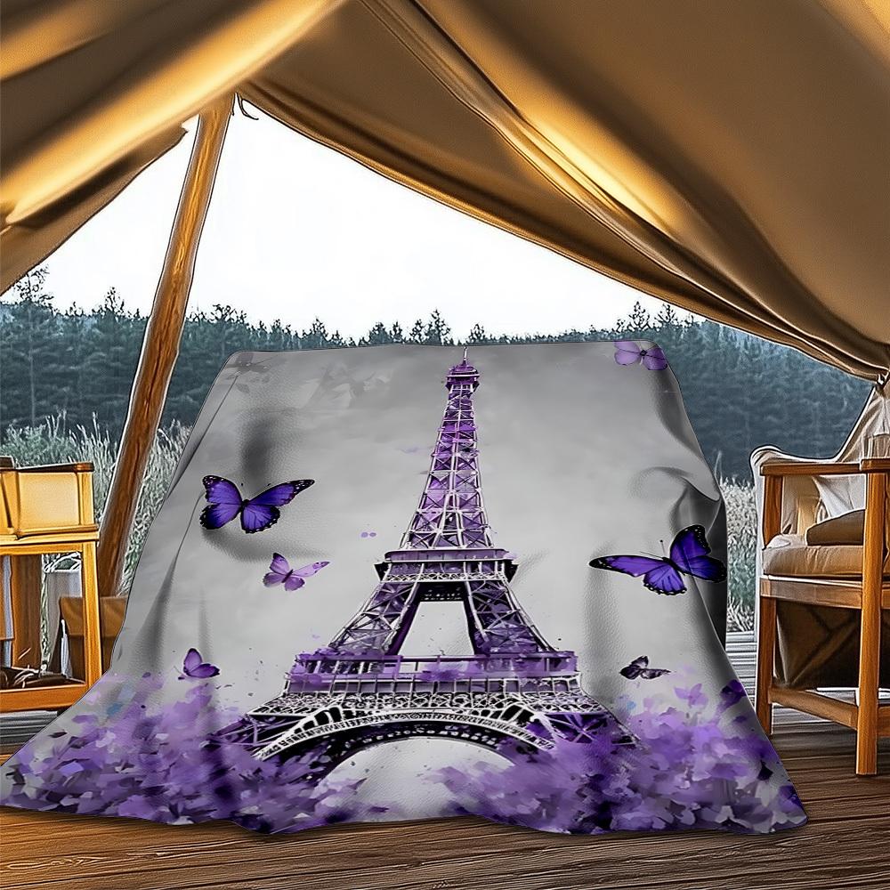 

1pc Purple Eiffel Butterfly Print Outdoor Blanket - Lightweight Flannel Throw For Travel, Camping, Livingroom, Couch, Chair yy251114239 75x90cm