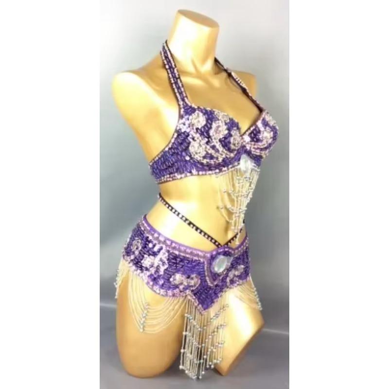 Hot Selling Women Beaded Sequins Belly Dancing Suite Belt+Bra Samba Costumes Club USA Bra Size 34B,36B,38B,40B,34D,36D,38D,40D