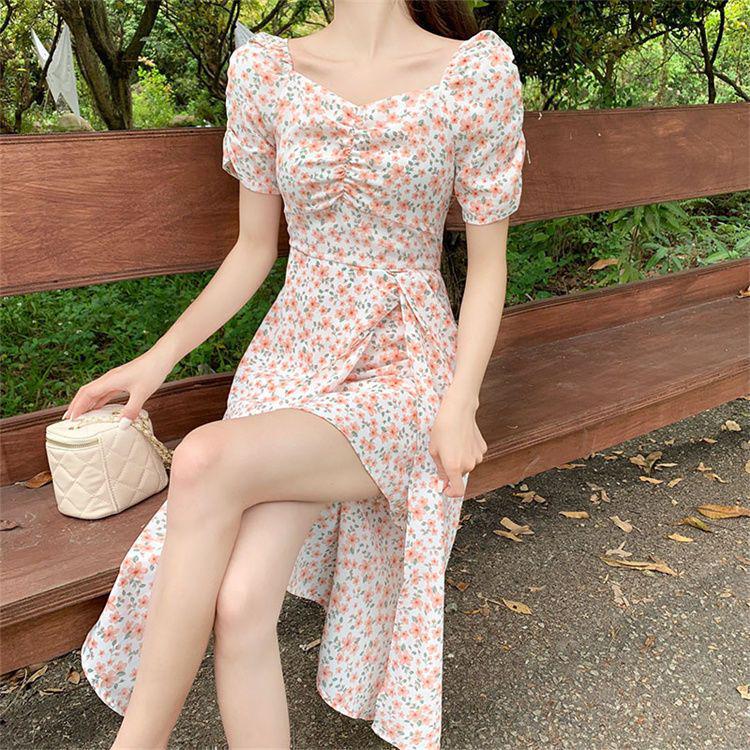 Women s Summer 2026 Floral Midi Dress - Square Neck, Puff Sleeves & Irregular Slit Design M 85-100 розовый
