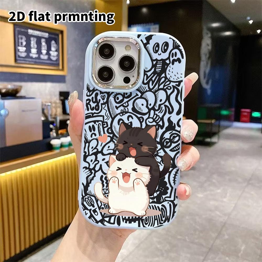Phone Case: 2D Flat Design Suitable for iPhone 18 17 16 15 14 13 Pro Protective Case, Couple Style, Two Little Cats, Christmas and Halloween Gift