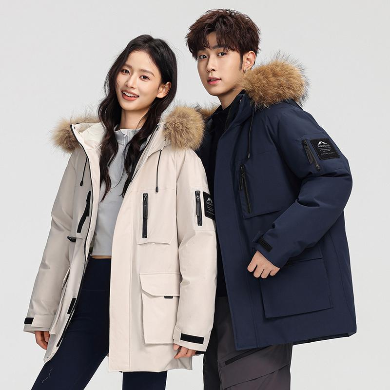 Winter Down Jacket for Couples, Outdoor Mountain Sports, Fur Collar Hooded Jacket