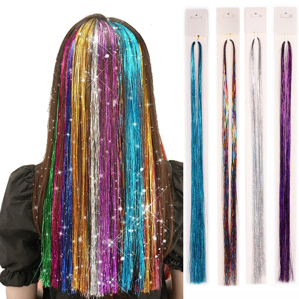Straight Sparkly Ponytail Rainbow Silk Hair Extensions Braiding Headdress Sparkle Shiny Hair Tinsel