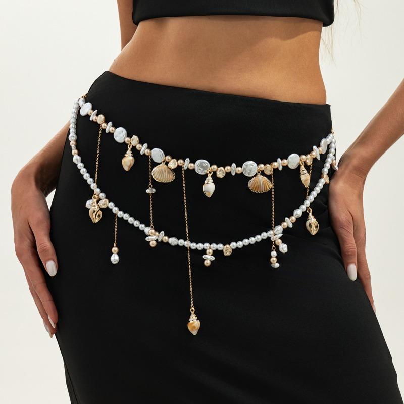 Beach Vacation Conch Scallop Shell Tassel Waist Chains for Women Bohemian Imitation Pearl Beaded Chain Sexy Bikini Body Jewelry