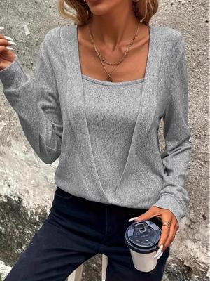 2024 Autumn/Winter Women's Solid Color Square Neck Two-Piece Look Loose Long-Sleeve T-Shirt