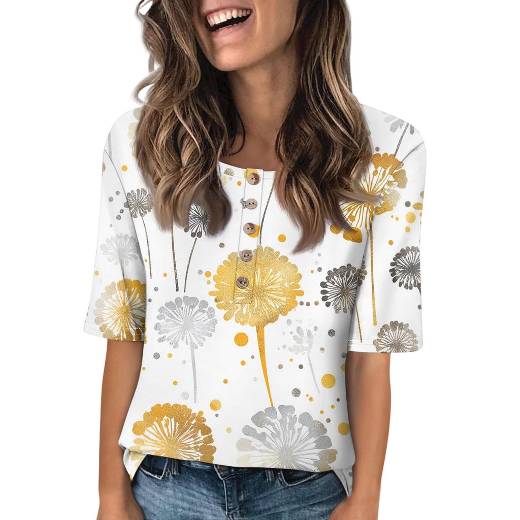Women's Fashion Printed Round Neck Button Half Sleeve Casual Top