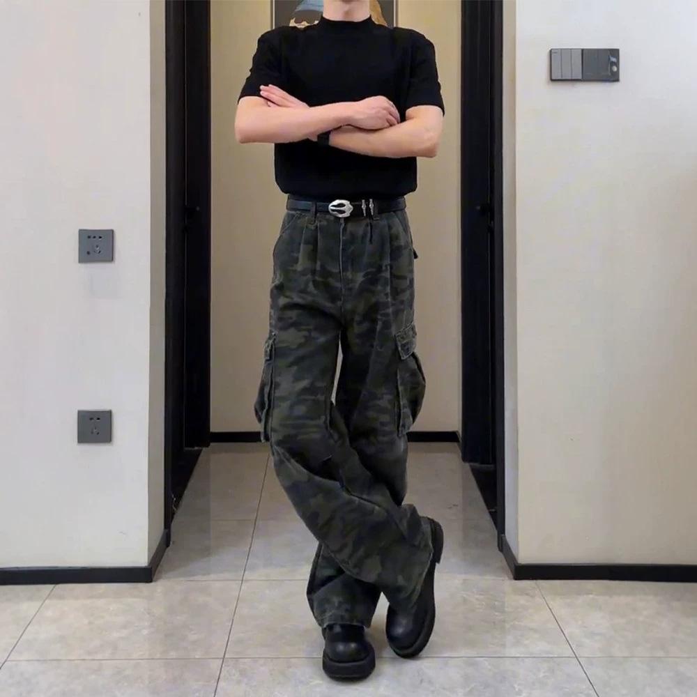 American Retro Camouflage Overalls Men's Summer High Street Vibe Casual Wide-leg Trousers Trendy Brand Versatile Straight Pants