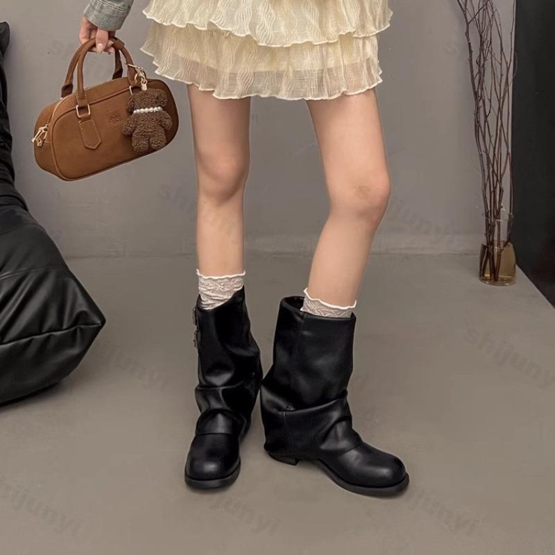 Fashion Women's Black Short Boots Winter New Fashion Buckle Strap Luxury Motorcycle Boots Comfortable Outdoor Non Slip Middle Heel Shoes