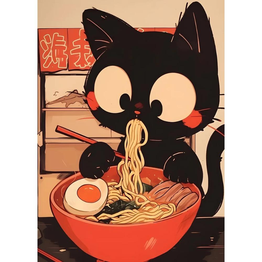 Japanische Katze isst Nudeln Leinwandposter Katze Kaffee Bonjour Mon Amour Küchenwandkunst Drucke für modernes Wohnzimmer Heimdekor