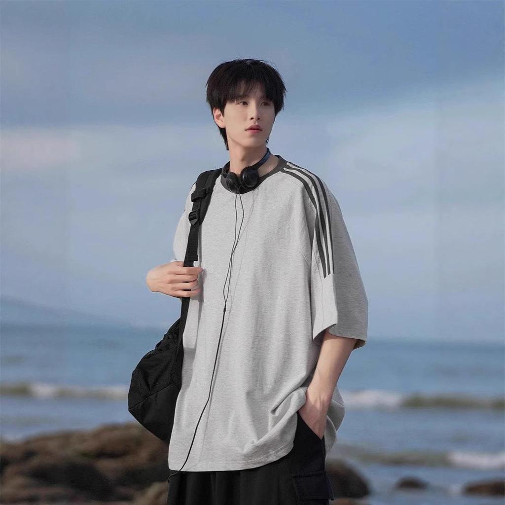 Mens Summer Updated Versatile Heavy Three-bar Striped Short-sleeved T-shirt for Mens American Comfortable Fit Mens Top