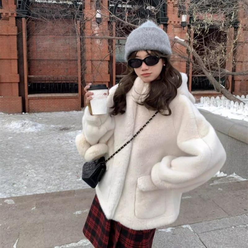 Korean Style Mink Fur Coat Women Winter Warm Hooded Plush Long Thick Jacket