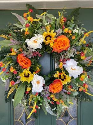 40cm Flower Wreaths for Front Door for Summer Spring All Seasons, Indoor Outdoor Year Round Wreath Farmhouse Front Porch Outside Decorations