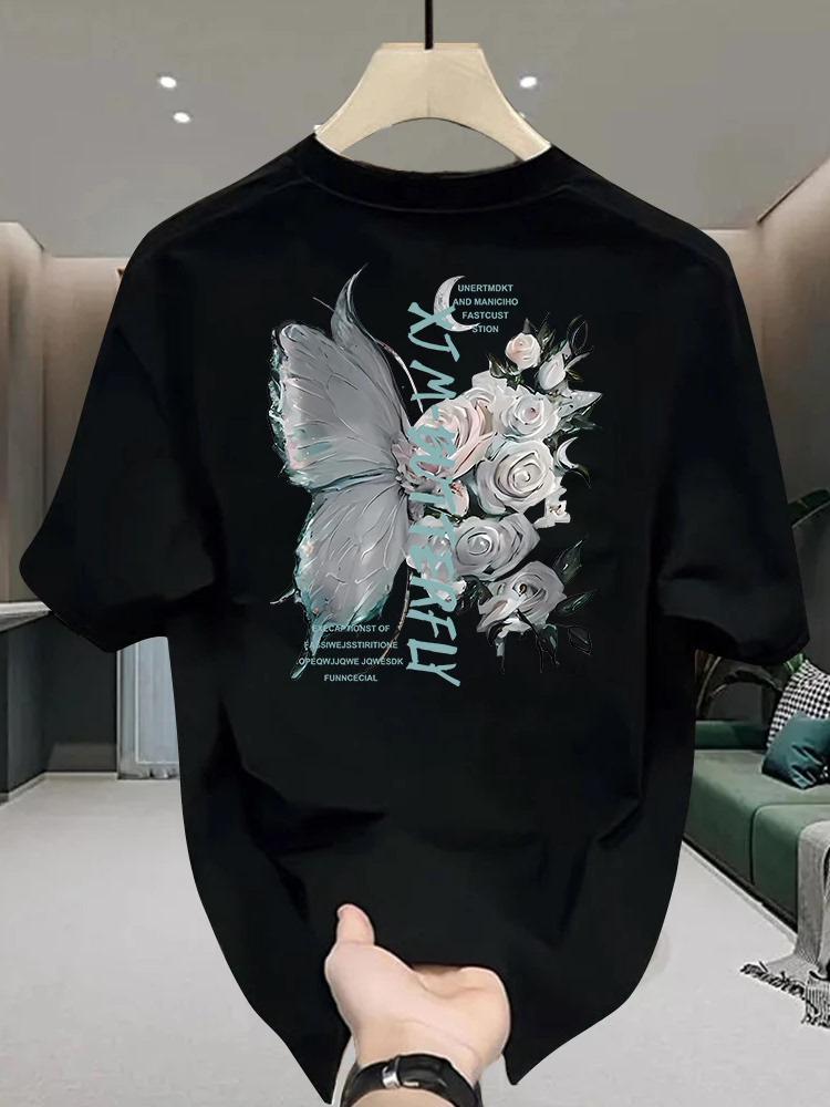 American Stylish Tshirt Butterfly Rose Adult Men Loose Versatile Round Neck 100 Cotton Shortsleeved Cool Comfortable Summer