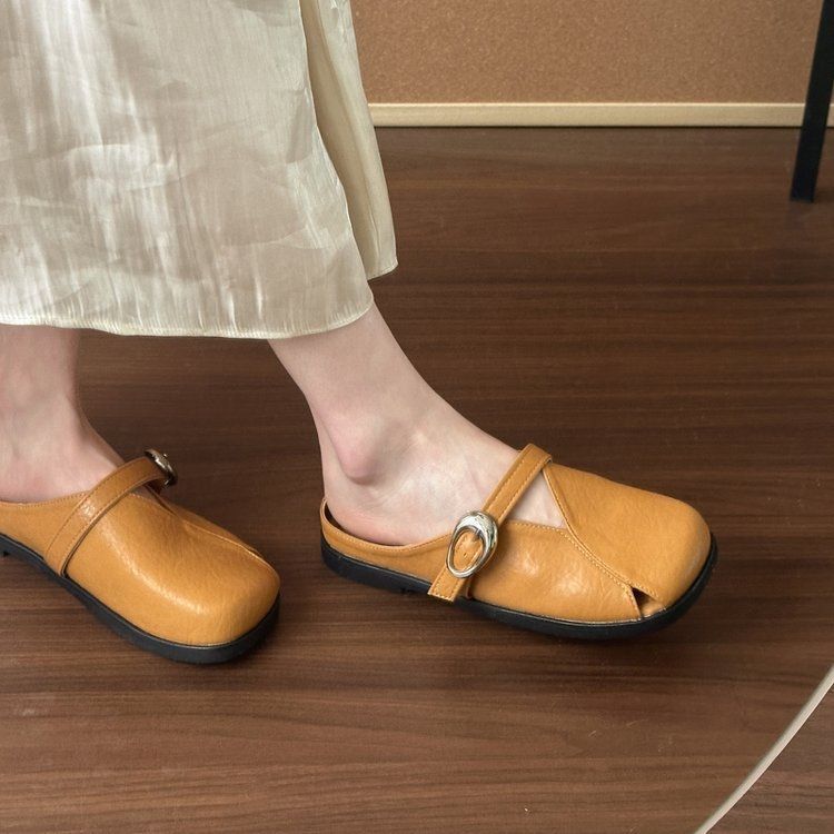 Square head bag head half slippers French flat sandals 2025 new one-pedal with skirt single shoes women's summer wear