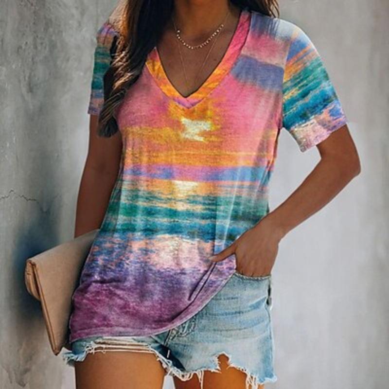 Women's T Shirt Basic Butterfly Print Short Sleeve Regular Tops V Neck Daily Weekend Summer