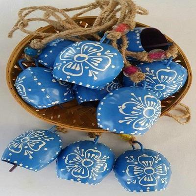 Blue Hand Painted Holiday Decor Cow Bells Set of 10 with Jute Ropes