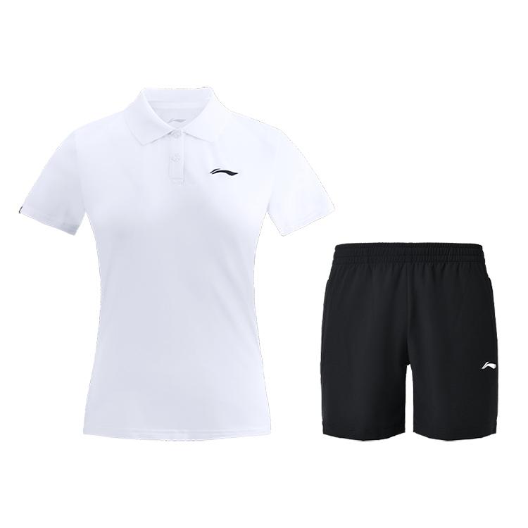 Li-Ning Solid Color Simple Polo Collar Short Sleeve T-Shirt Quick Dry Cool Versatile Sports Shorts Casual Set Women Sets APLR126-4+AKSUA22-1