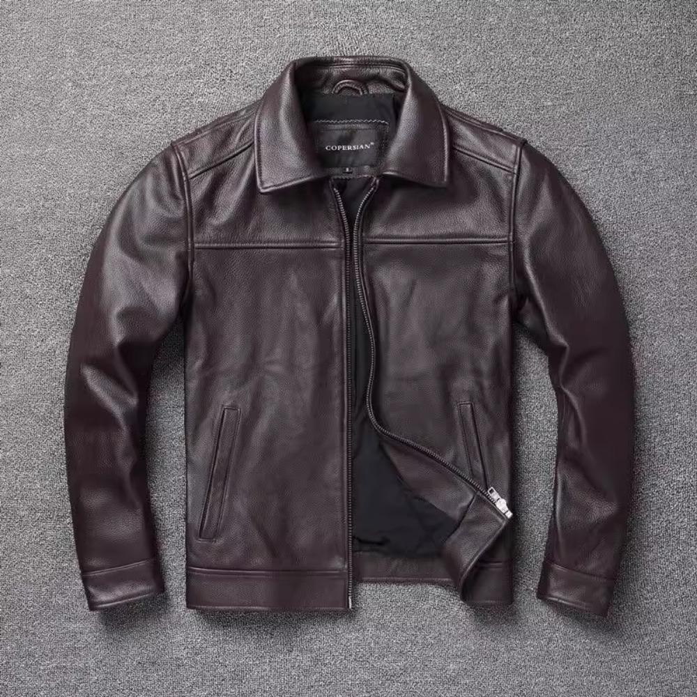 Jachetă din piele naturală pentru bărbați, mărime chinezească, vintage, roșu-maro, din piele naturală de vacă, scurtă, subțire, cu guler răsturnat, jachetă din piele pentru bărbați, primăvară toamnă
