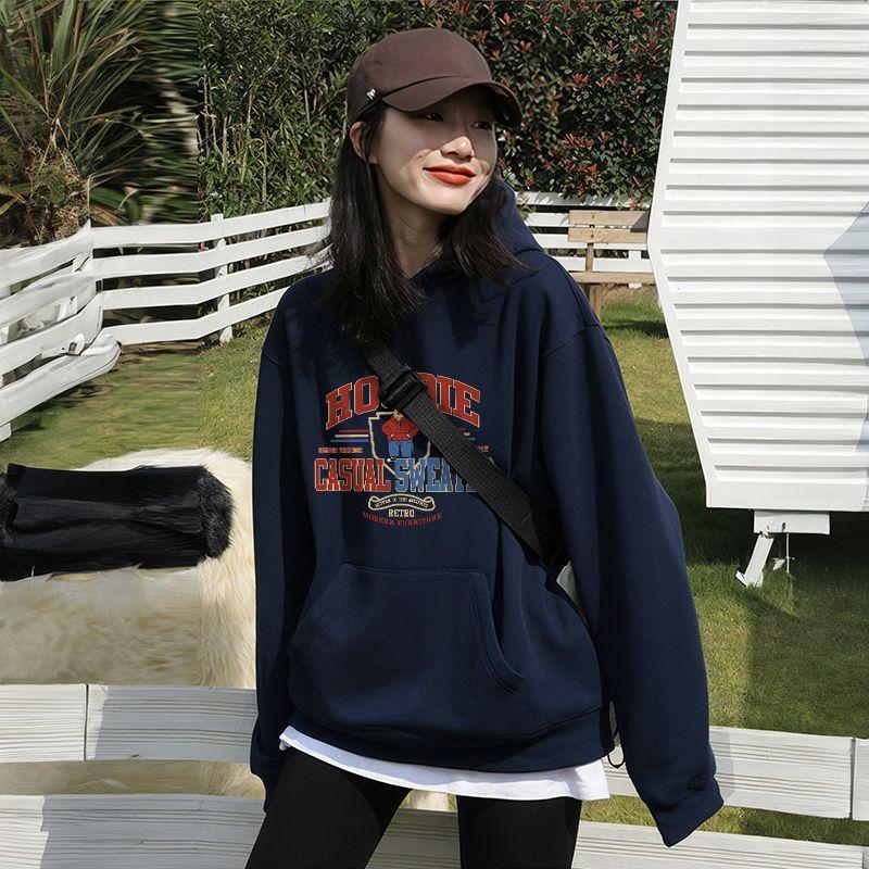 Women's Long Sleeve Hoodie Crew Neck Casual Loose Fit Printed Sweatshirt Winter Fleece Lined Top