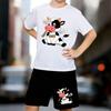 Boys 2 Piece Cartoon Cow Printed Outfit, Short Sleeve T-Shirt and Shorts Set for Kids Age 5-14,White, Black Sporty Casual Summer Clothes