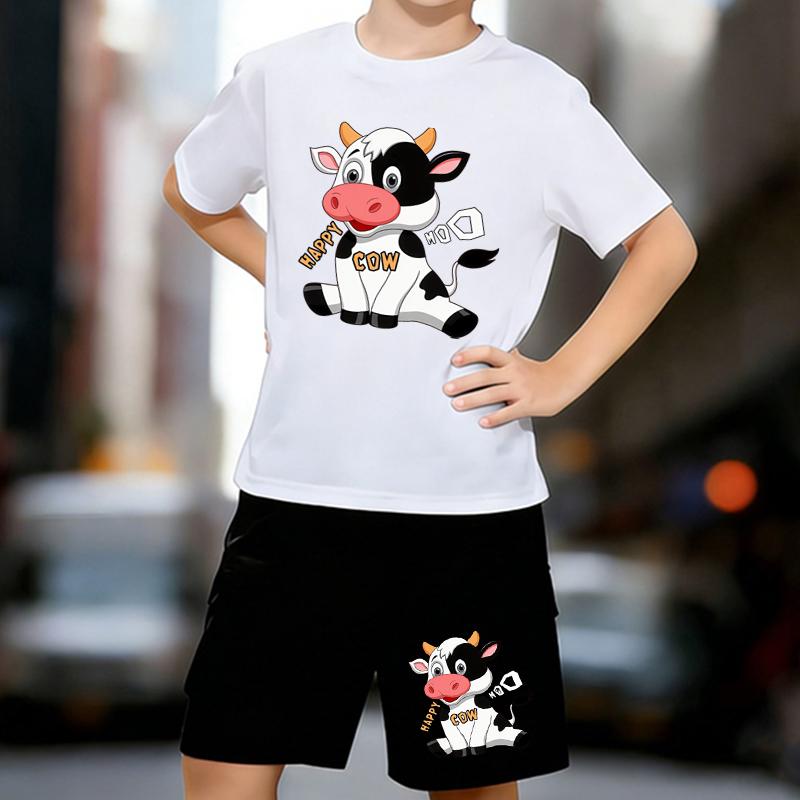 

Boys 2 Piece Cartoon Cow Printed outfit, Short Sleeve T-Shirt and Shorts Set for Kids Age 5-14,White, Black Sporty Casual Summer Clothes 13-14 Years