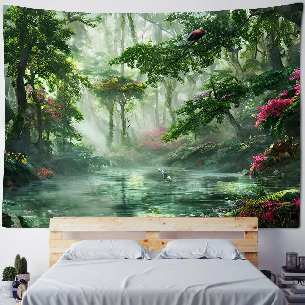 Green jungle tapestry, psychedelic castle home decoration wall hanging, Bohemian living room background cloth poster, sofa cover