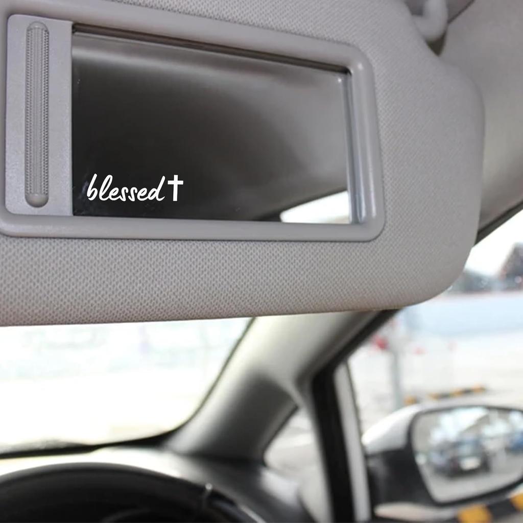 Rear View Mirror Sticker Set 3PCS Vinyl Message Decals for Car Interior Minimal Text Design Daily Reminder Gift for Drivers (White, Blessed +)