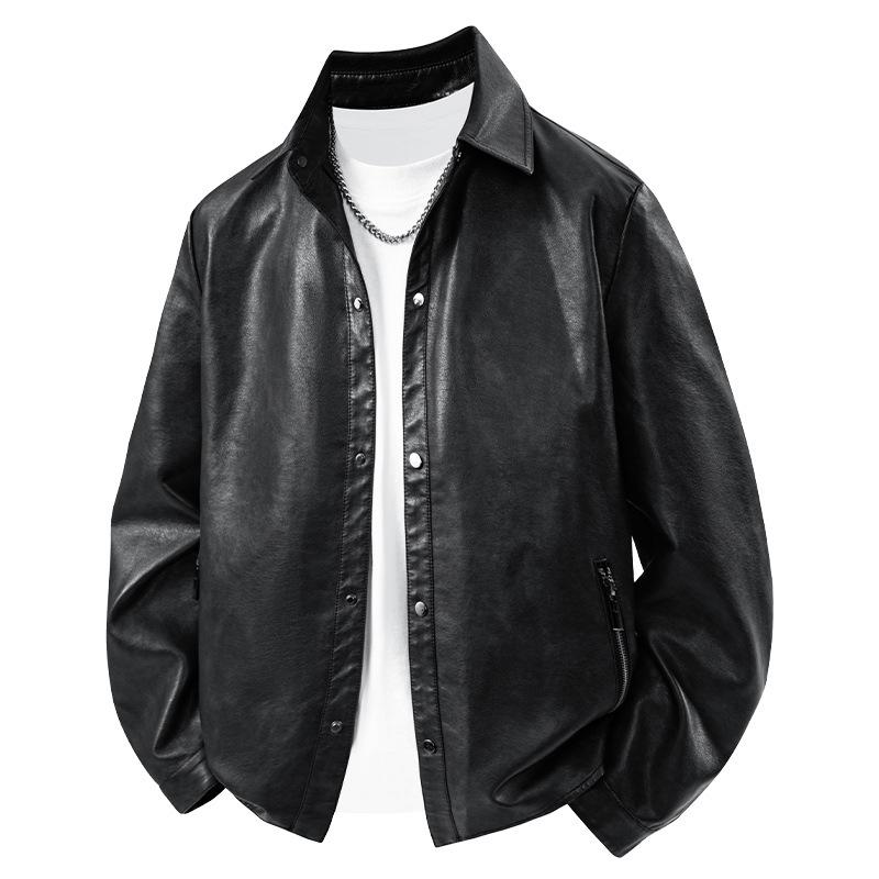 Autumn and winter new clothes men's retro black classic small lapel leather shirt trendy cool jacket versatile