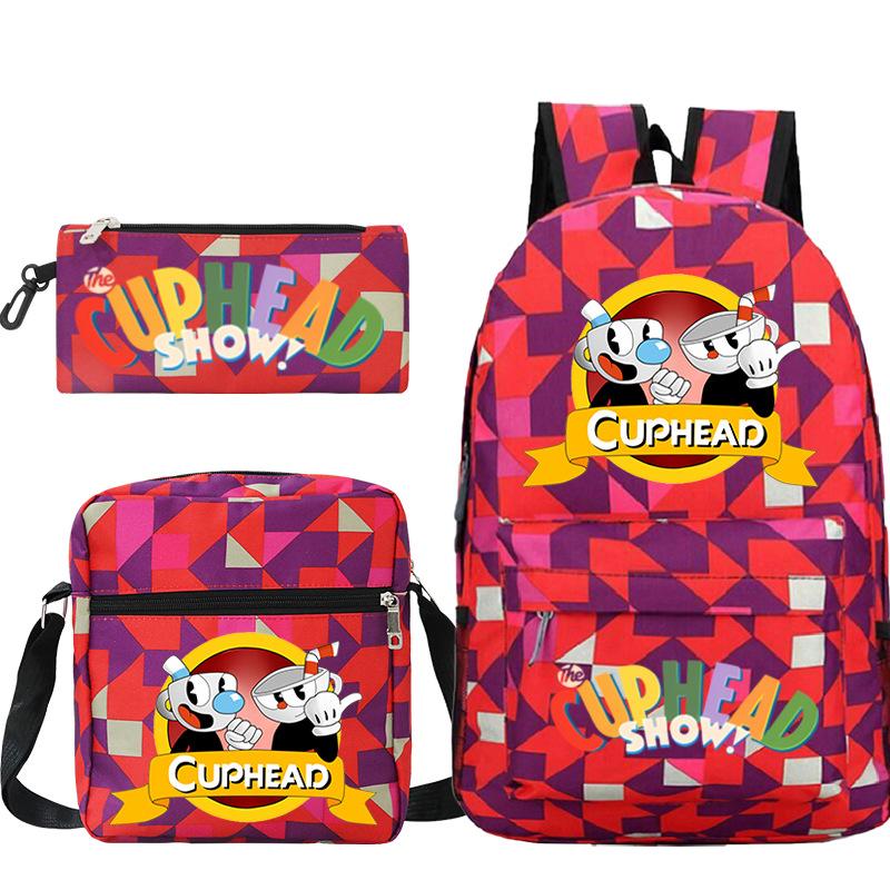 Cartoon Teacup Head Cuphead Student School Bag Backpack Three-piece Set Children's Shoulder Bag Pencil Bag