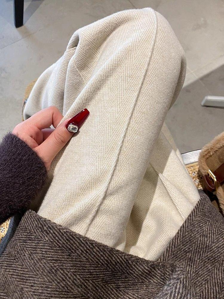 2026 Autumn/Winter Women's High-Waisted Herringbone Wide-Leg Pants with Plus Velvet and Slit, Slim Straight-Leg Design