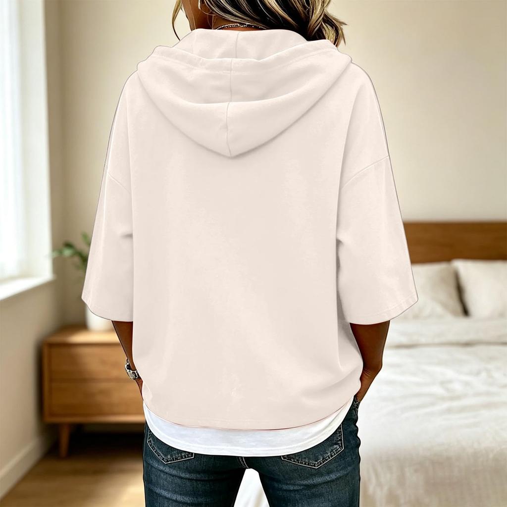 Dames Mode Casual T-shirt Top met 3/4 Mouwen en Capuchon voor Dagelijks Gebruik