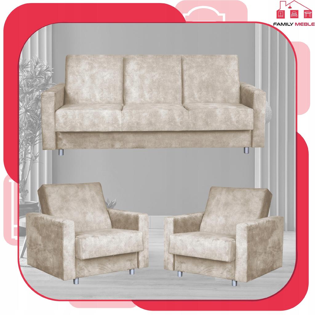 Zestaw mebli wypoczynkowy Alicja wersalka kanapa fotele Family Meble beżowy
