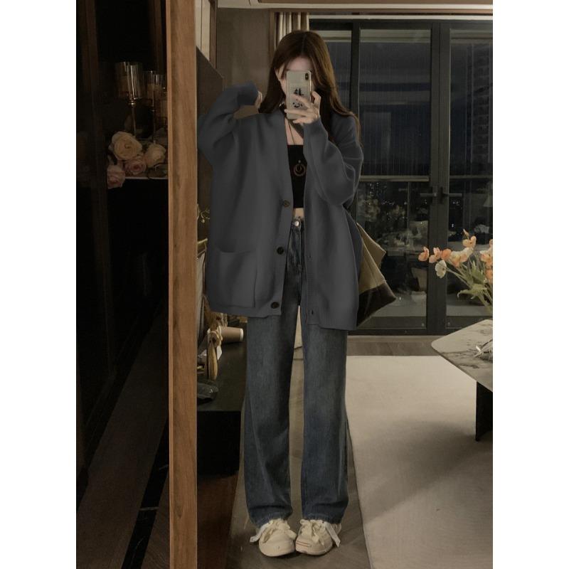 Weicher wachsartiger lässiger Windpullover Cardigan Damen Frühling und Herbst neu hochwertig V-Ausschnitt dünner Strickmantel