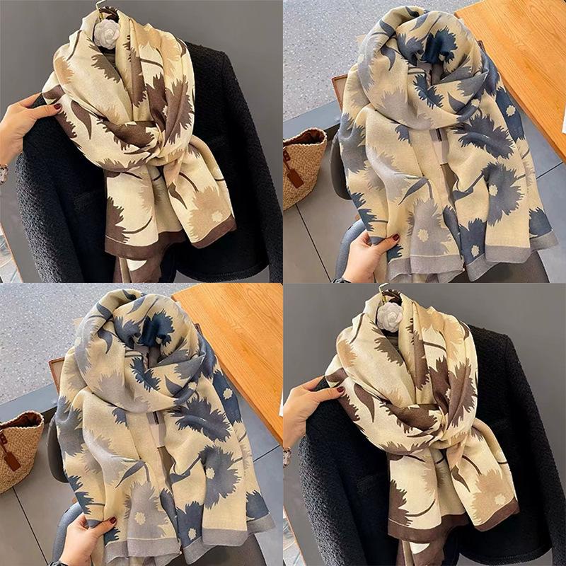 Korean Style Floral Cotton Linen Scarf, Versatile Long Thin Shawl for Women