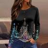 Women's Fashion Casual Slit Hem Round Neck Long Sleeve Loose Printed T-Shirt Ladies Top