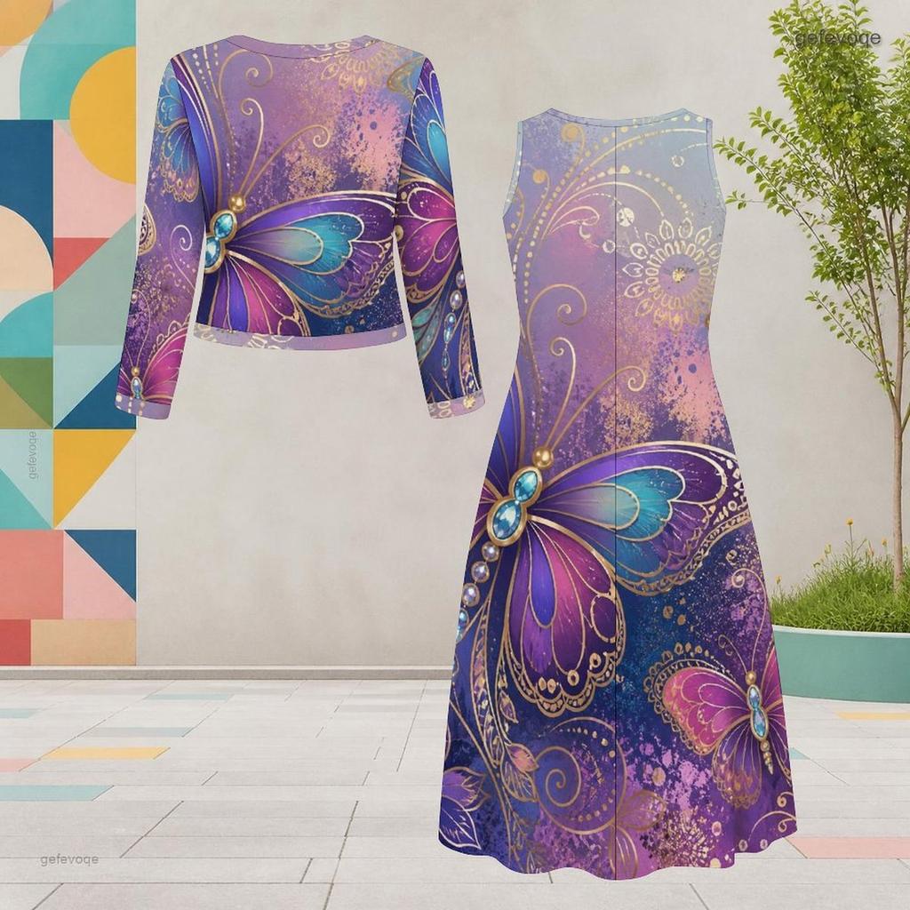 Set Due Pezzi Abito Midi Nero da Donna Taglie Forti Scollo Rotondo Manica Lunga Stampa Farfalle
